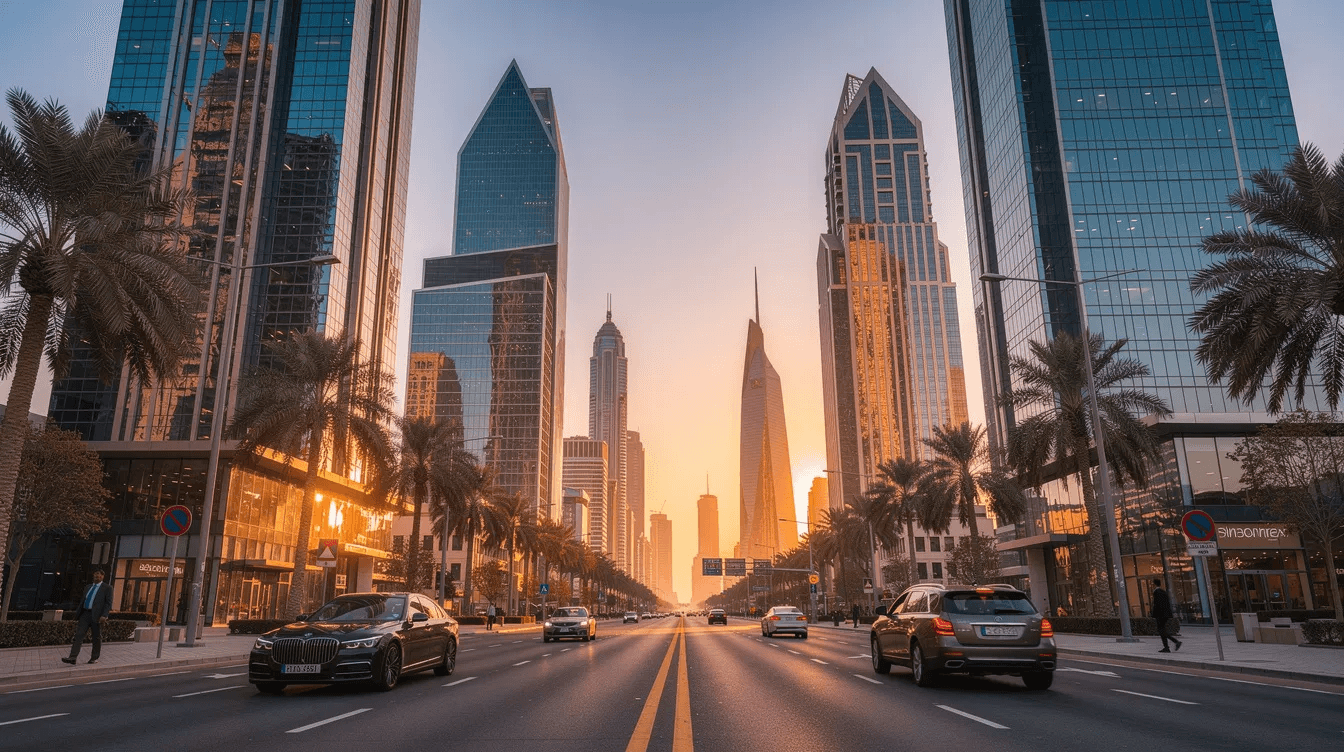 The image depicts a modern business district in Dubai, featuring sleek glass office towers that reflect the warm sunlight during the golden hour, symbolizing innovation and growth. This vibrant scene highlights the dynamic environment where leading web design agencies and digital marketing services thrive.