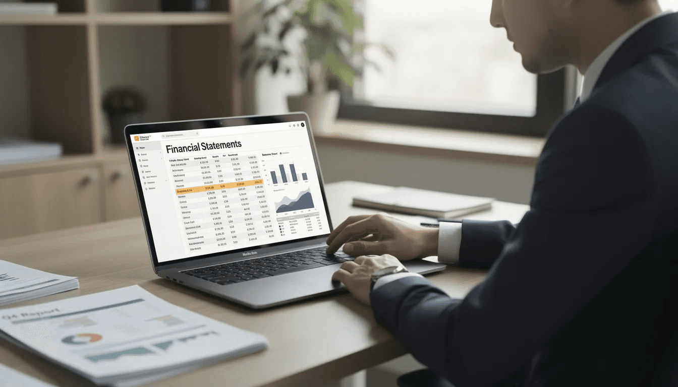 The image shows a person sitting at a desk, intently reviewing financial statements on a laptop. The scene suggests a focus on understanding inherited IRA rules and managing IRA assets, possibly in relation to the secure act and distribution requirements.