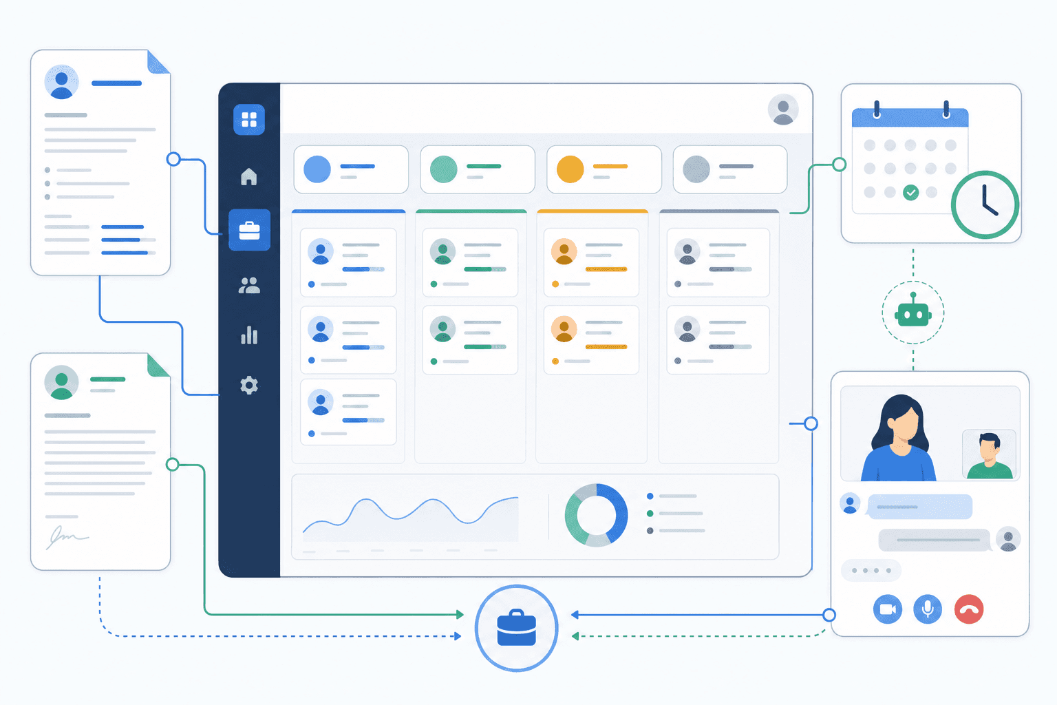 A modern, clean illustration showing a job application dashboard interface. Display multiple connected features: a resume document icon, a cover letter icon, a calendar or clock showing automated scheduling, a Kanban-style board with application cards in different stages, and a mock interview chat interface. Use a professional color palette with blues, greens, and grays. The style should be flat design, minimalist, and tech-focused, showing an integrated system with visual connections between components. No text or words should appear in the image.