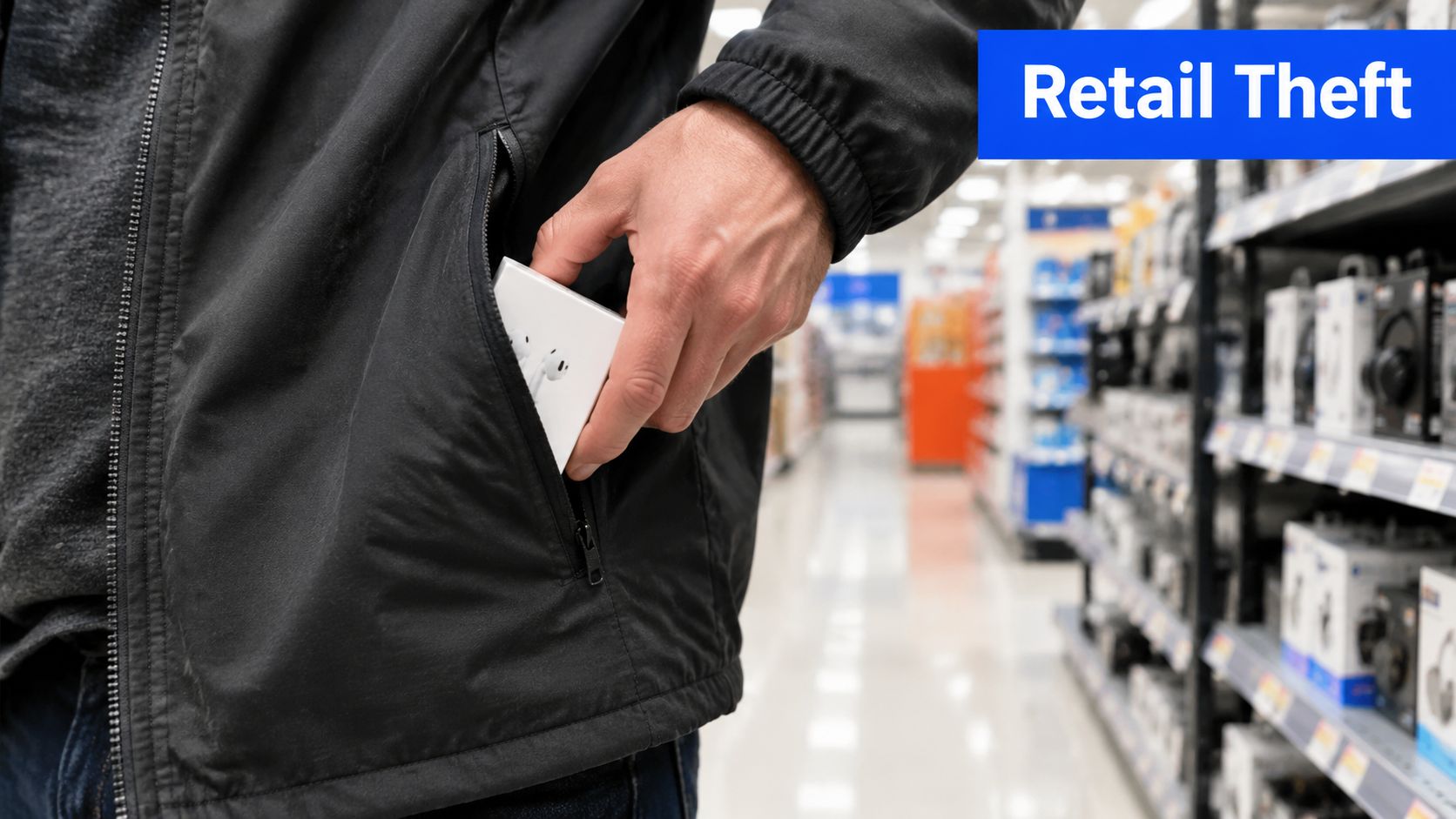 A person in a black jacket concealing a small retail product box inside their pocket at a store.