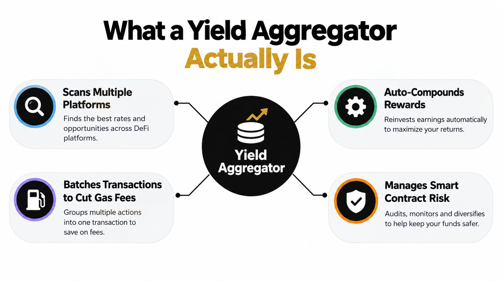 An infographic explaining the four main functions of a DeFi yield aggregator in cryptocurrency investing.