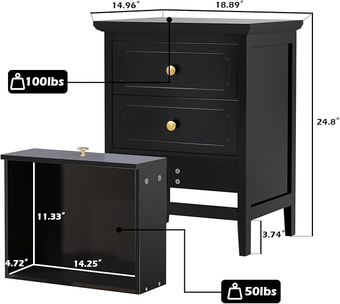 Elegant black oversized nightstand with ample storage space and a timeless design.