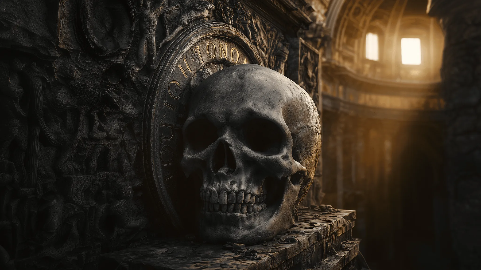 A carved stone skull on a plinth in an ancient hall, lit from a window above.