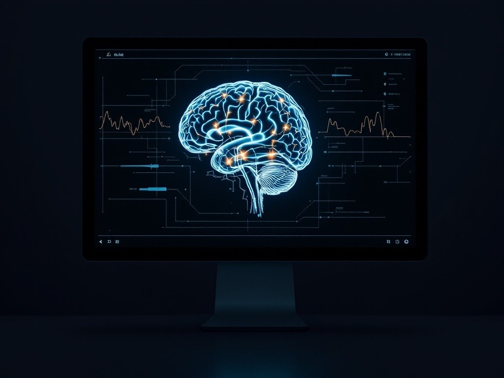A digital rendering of a human brain with glowing nodes on a computer screen.