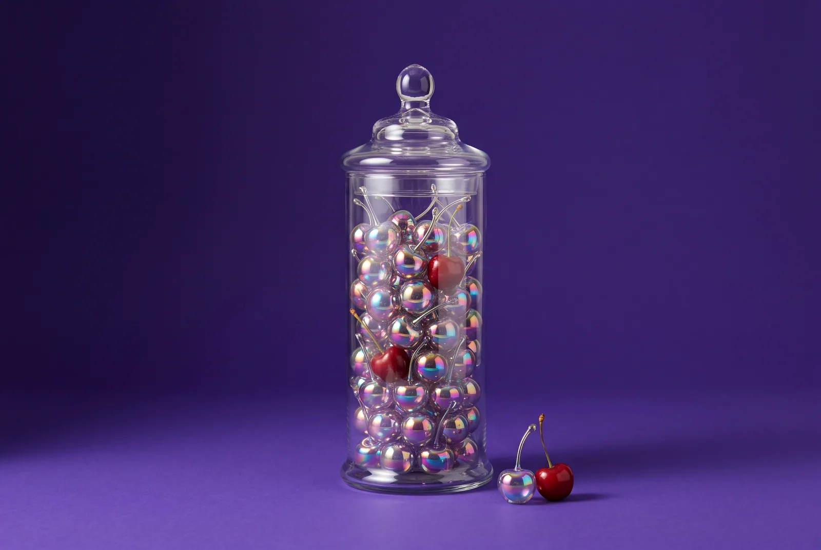 A candy jar full of holographic glass cherries with a few real ones, how common AI girlfriends are when asking is it cheating if it's AI