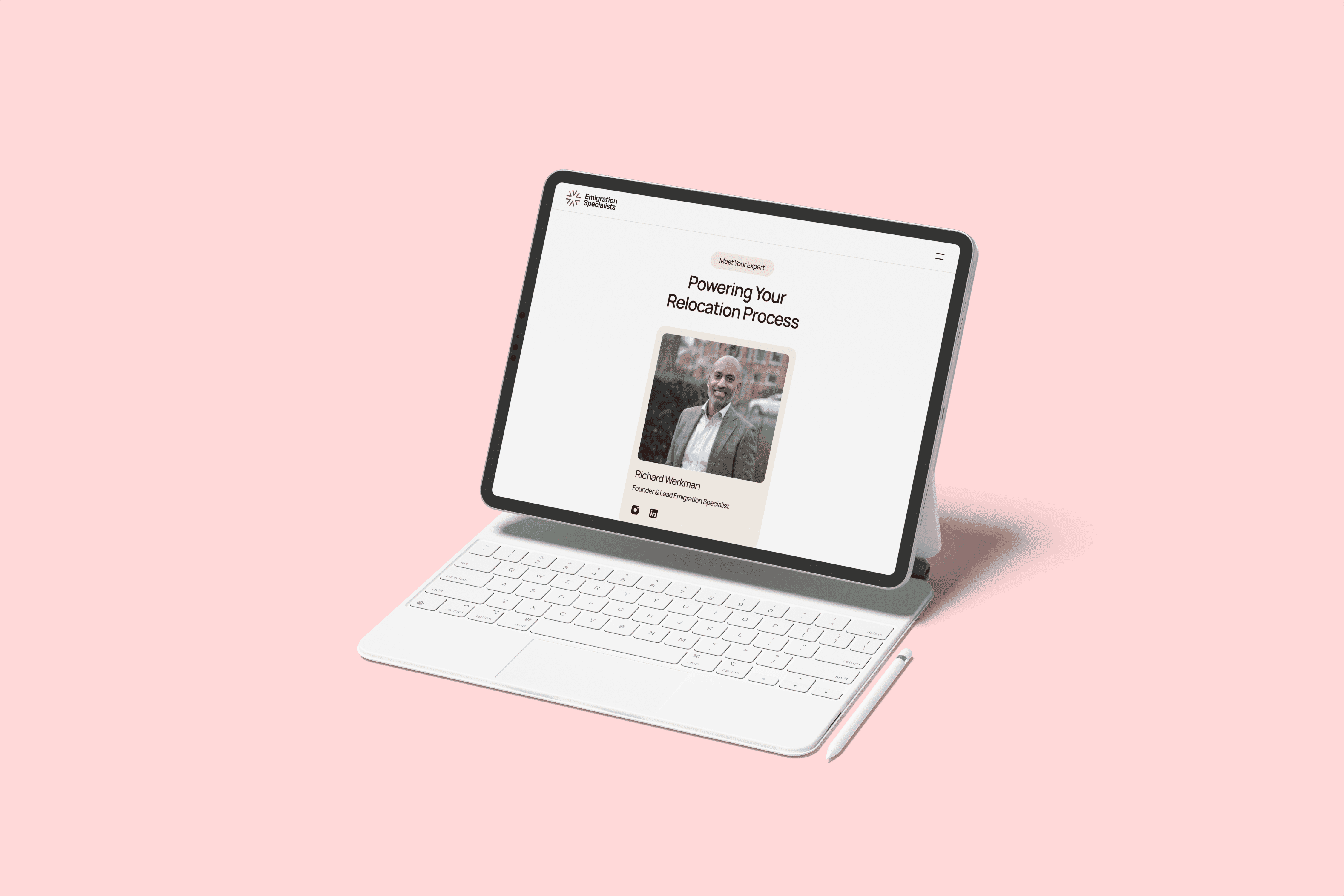 Tablet mockup displaying the Emigration Specialists page featuring founder Richard Werkman and the relocation process overview.