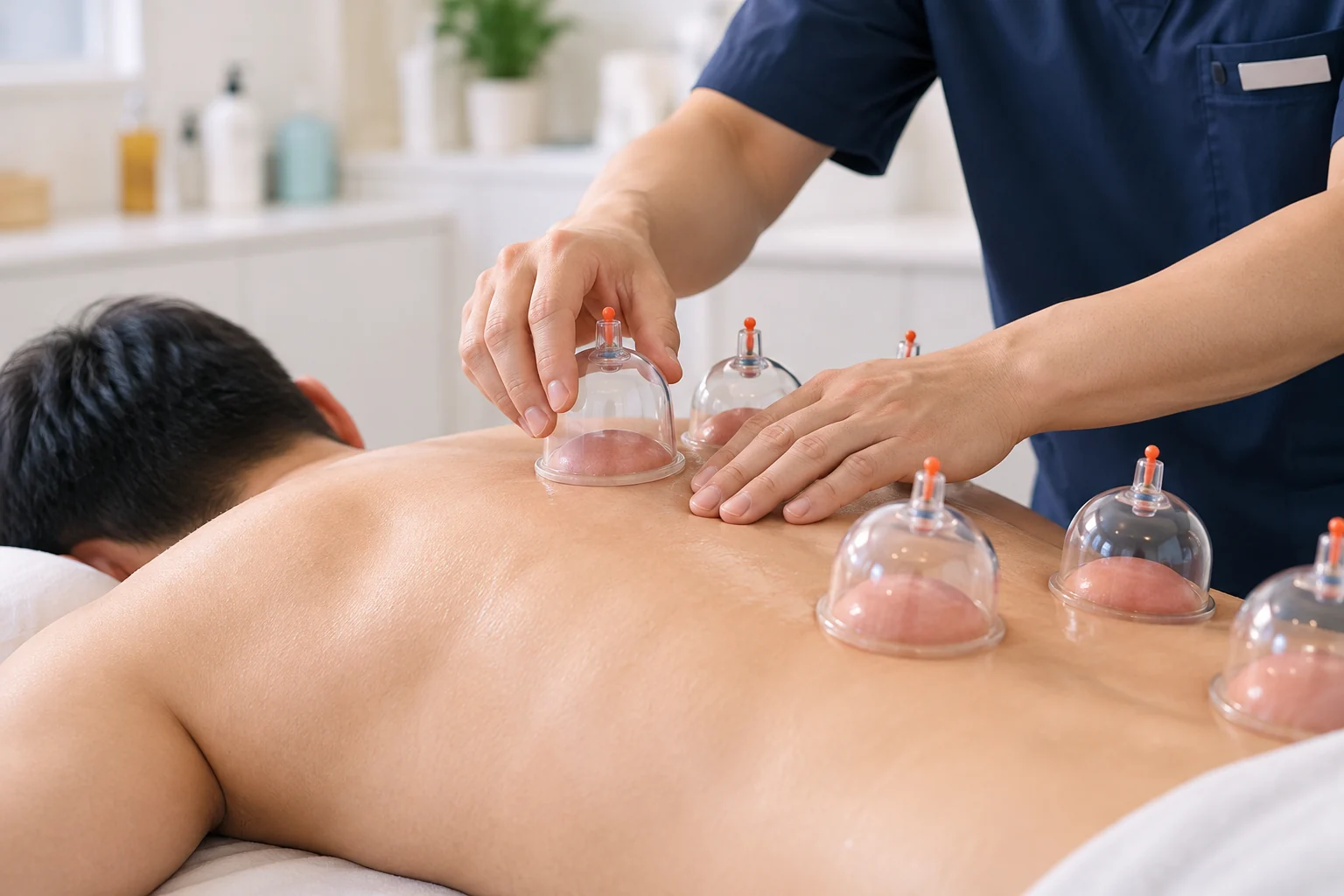 Cupping therapy with transparent suction cups on a patient's back.