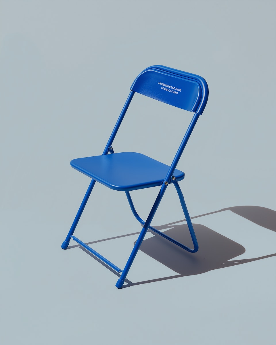 Blue folding chair on minimal background.