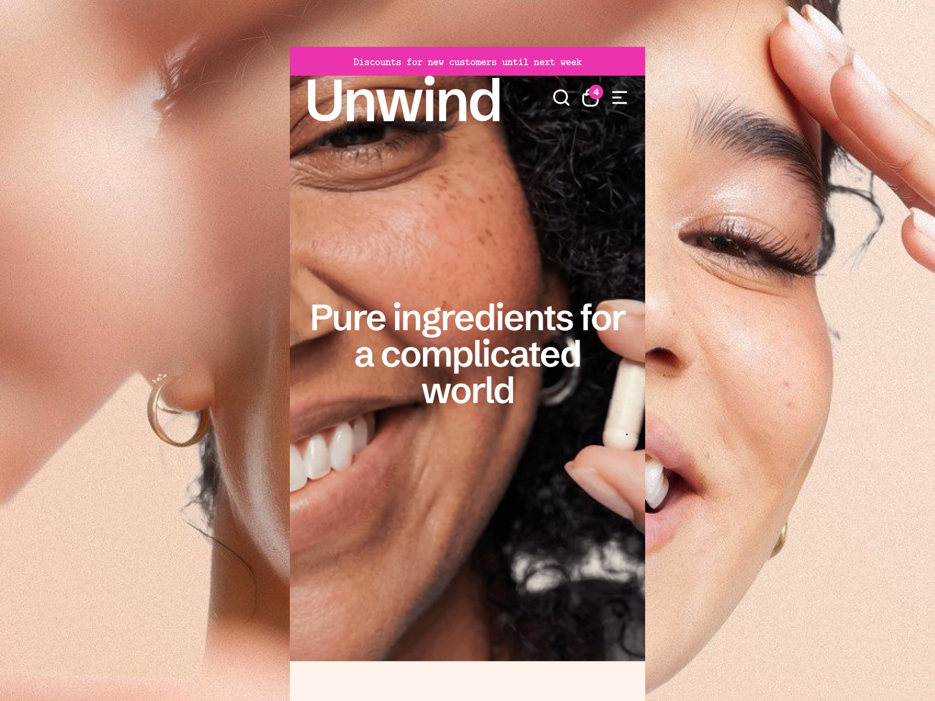 Unwind website template hero section with close-up portrait photography and the headline "Pure ingredients for a complicated world" in white text over a warm skin-tone background
