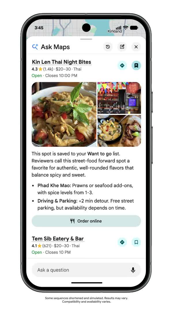 Google demonstration showing restaurant details and an Order online action in Ask Maps