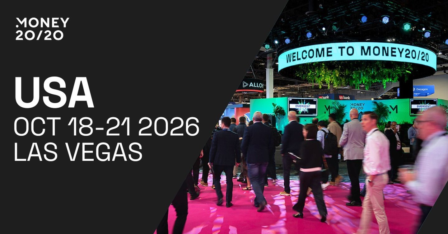 Money20/20 USA 2026 banner reading October 18 to 21, 2026, Las Vegas, over a photo of attendees on the show floor
