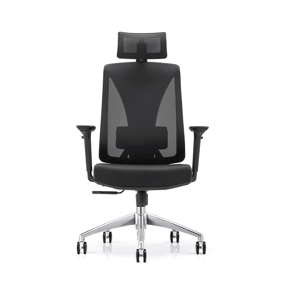 Black ergonomic office chair with breathable mesh back and headrest, adjustable armrests, cushioned seat, tilt lever control, and polished aluminum five-star base with smooth-rolling casters.