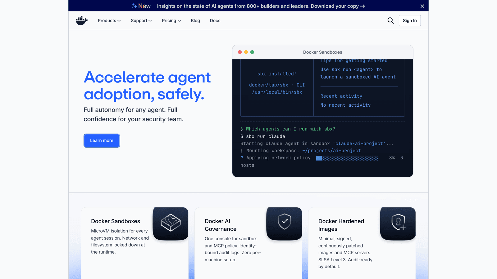 Docker homepage with the accelerate agent adoption safely hero and Docker Sandboxes terminal