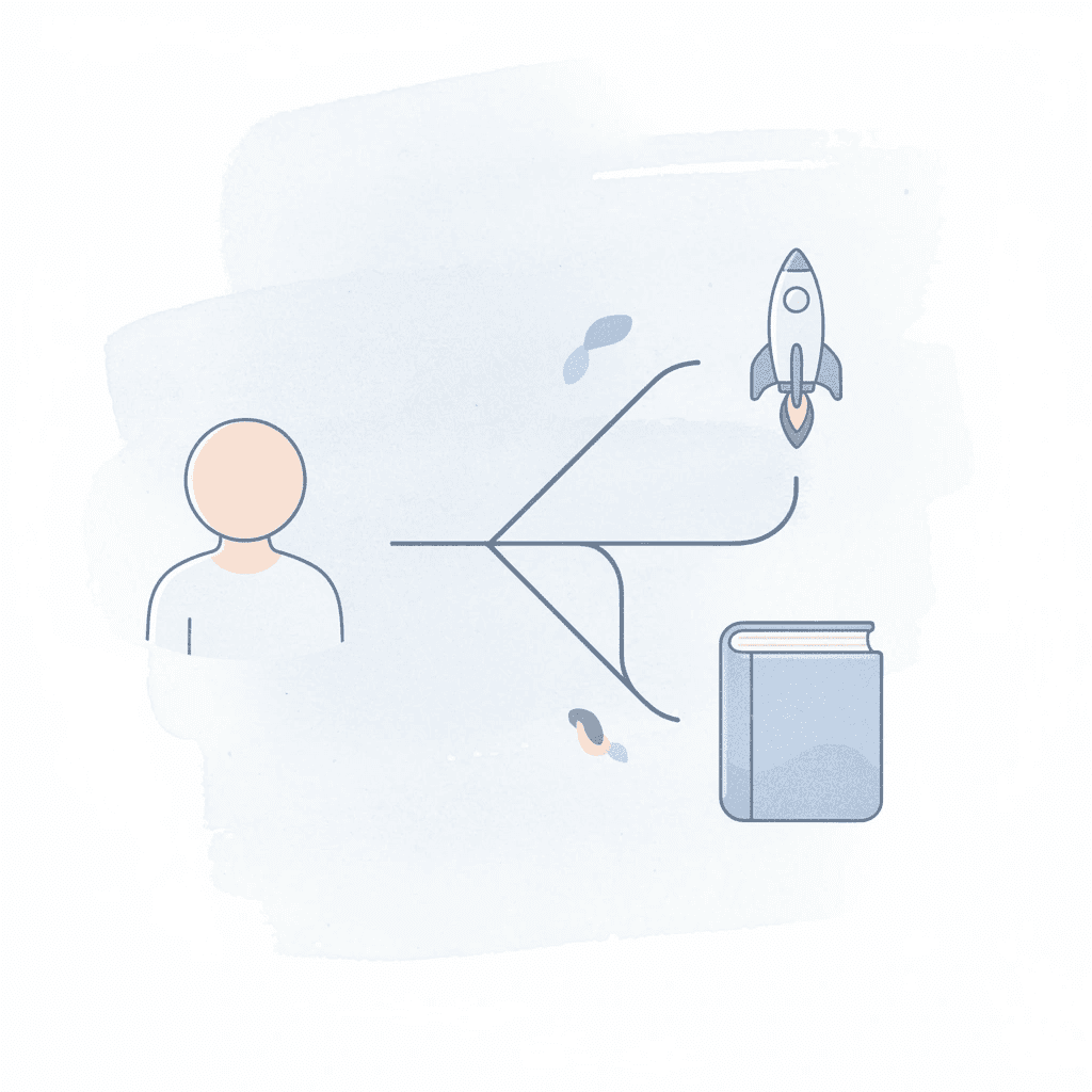 Book icon splitting into three paths representing different learning approaches