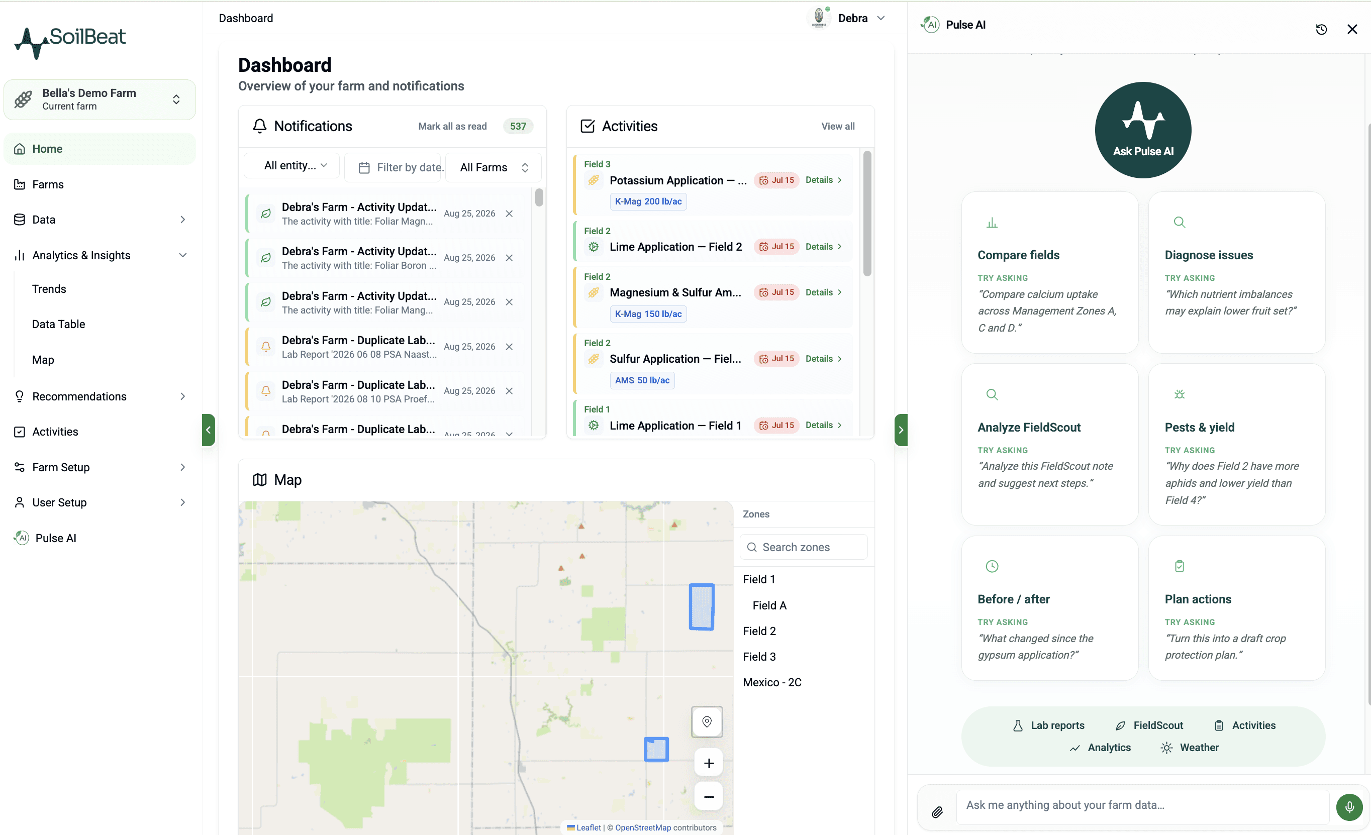SoilBeat agronomic decision and recommendation interface