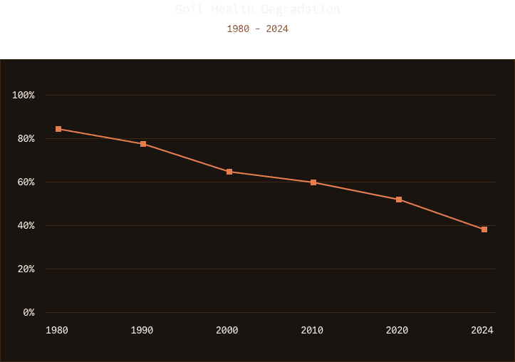 Soil health decreases across the decades: about 85% in 1980, 78% in 1990, 65% in 2000, 60% in 2010, 52% in 2020 and around 38% in 2024. </p>