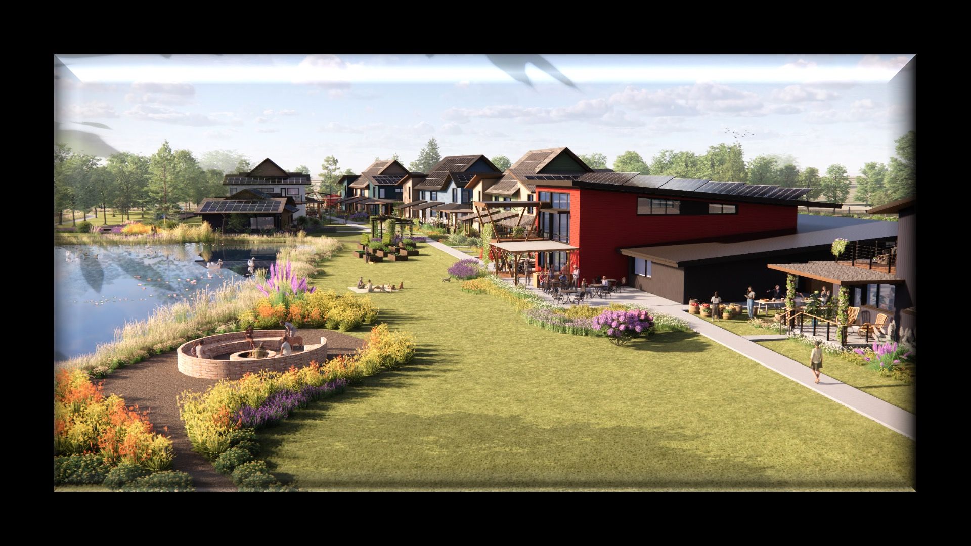 Architectural rendering of the planned Rooted Northwest village, showing homes, shared gathering spaces, gardens, and a pond designed for community living.