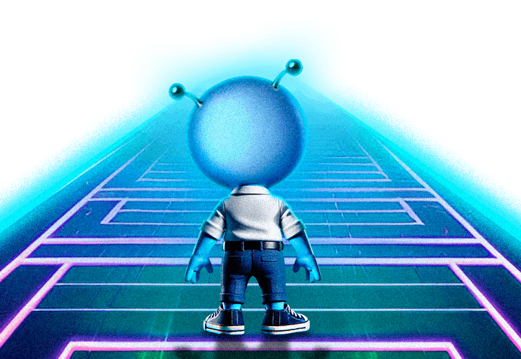 Mascote azul visto de costas caminhando por corredor futurista com luzes neon, cercado por planetas e grades circulares em cenário espacial.