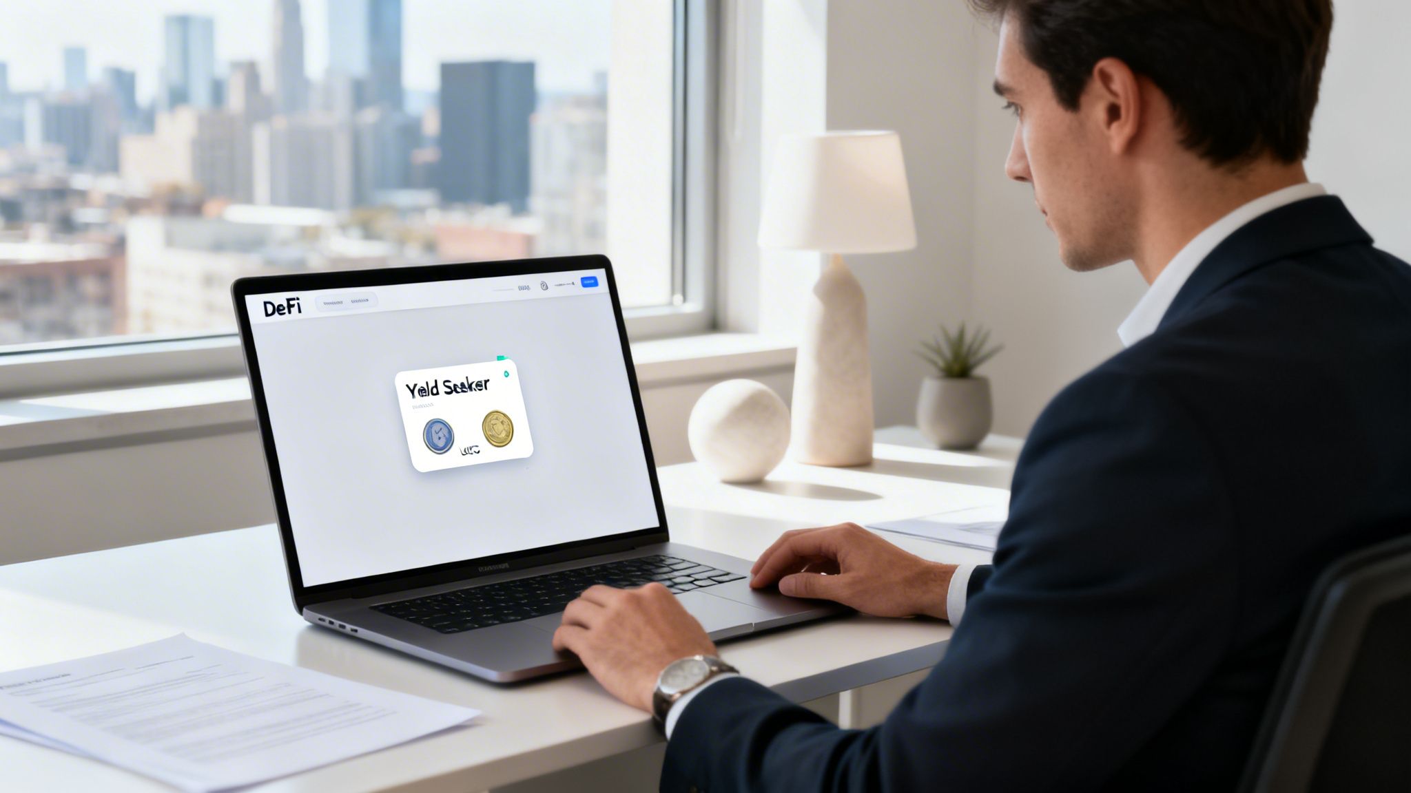 A professional man works on a laptop displaying a DeFi 