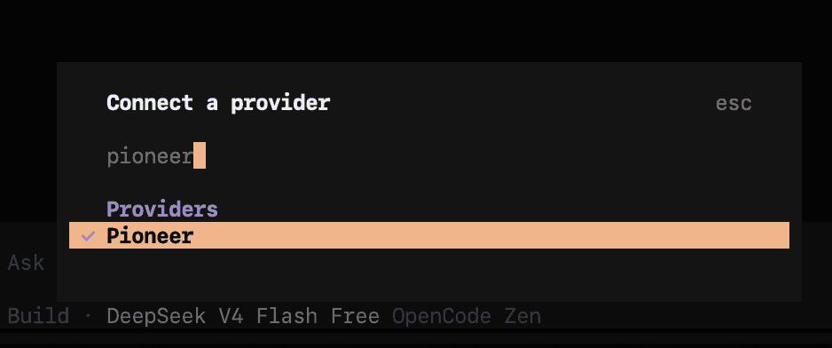 simple setup to choose Pioneer (by Fastino Labs) as the main model provider in Opencode