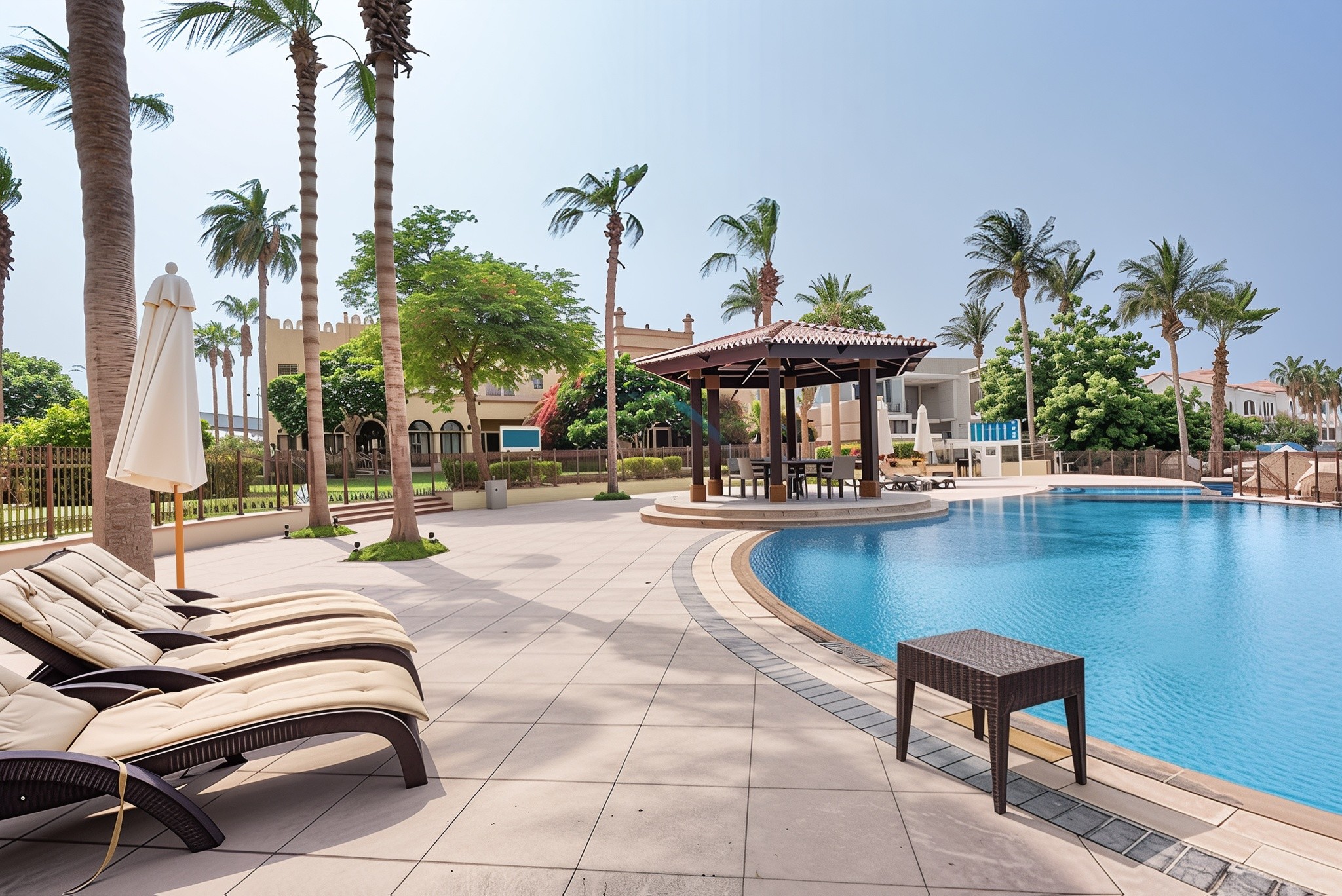 The villa pool at Canal Cove is surrounded by lush palm trees, creating a tropical oasis atmosphere.