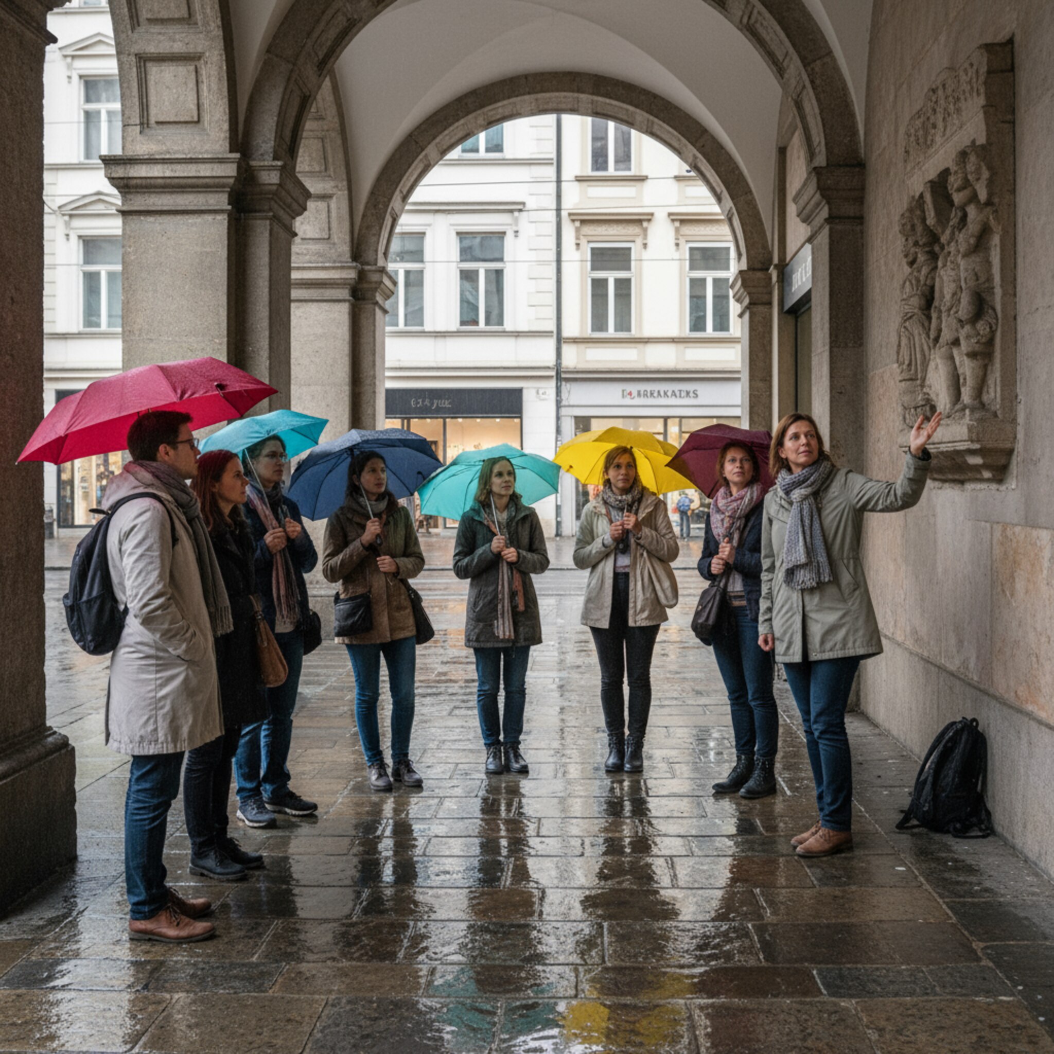 Unter schützenden Arkaden lauscht eine Gruppe dem Guide, der mit einer Geste ein verborgenes Relief zeigt. Feiner Regen perlt von den Bögen und sammelt sich in flachen Pfützen. Bunte Regenschirme bringen Farbe ins Grau. Die Szene wirkt ruhig und konzentriert, die Stadt erzählt leise im Hintergrund.