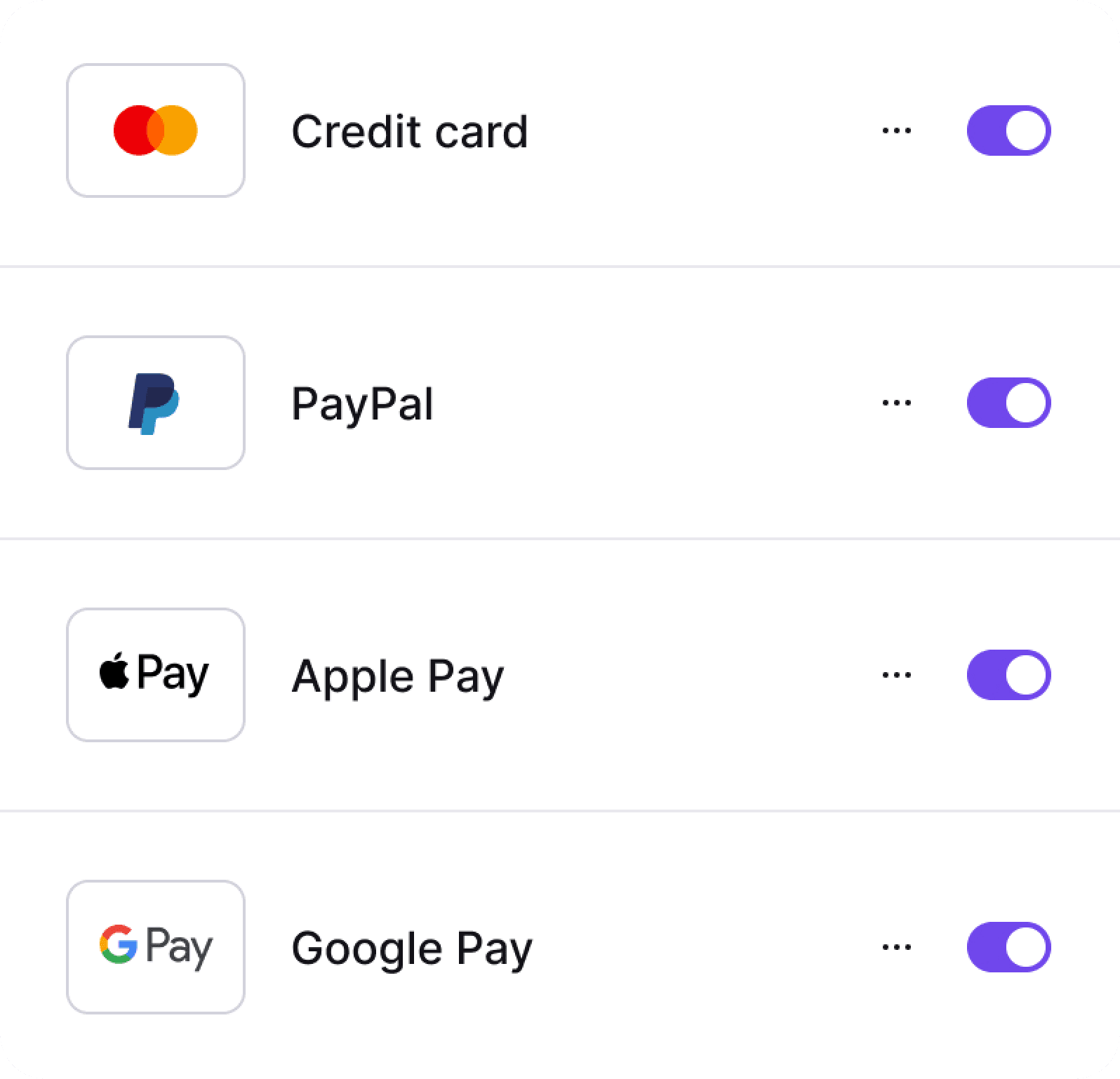 Payment settings UI with enabled toggle switches and options menus for Credit card, PayPal, Apple Pay, and Google Pay.