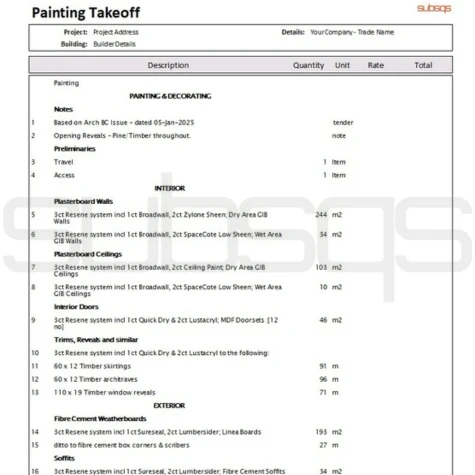 screenshot of Final Takeoff Report prepared using CostX for painting and decorating takeoff by SubsQS Ltd