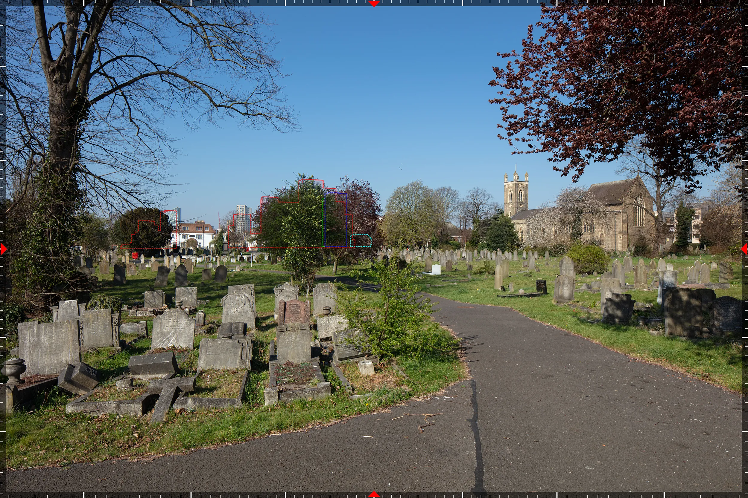 AVR1 long-distance verified view from Buckingham Road Cemetery, prepared by Eye-Kon, illustrating the proposal within the wider townscape.