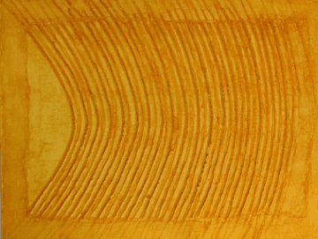 A vibrant abstract artwork rendered entirely in warm shades of deep yellow, wildflower orange, and burnt orange. The composition features a distinct rectangular central panel filled with dense, raised vertical ridges that form a heavily textured pattern. These lines collectively curved parallel bend in a gentle, sweep toward the left side of the canvas, creating a rhythmic, undulating movement against a slightly smoother, framed border.