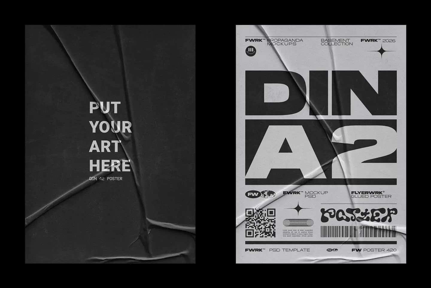 Glued A2 Poster Mockup featuring black and white industrial poster designs with realistic wet glue wrinkles
