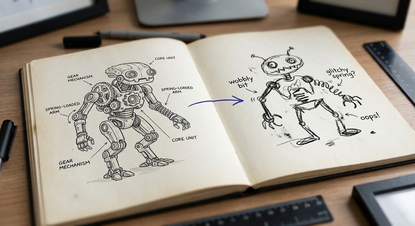 A comparison diagram showing a precise, detailed blueprint on the left and a whimsical, slightly distorted output on the right, connected by a subtle purple arrow.