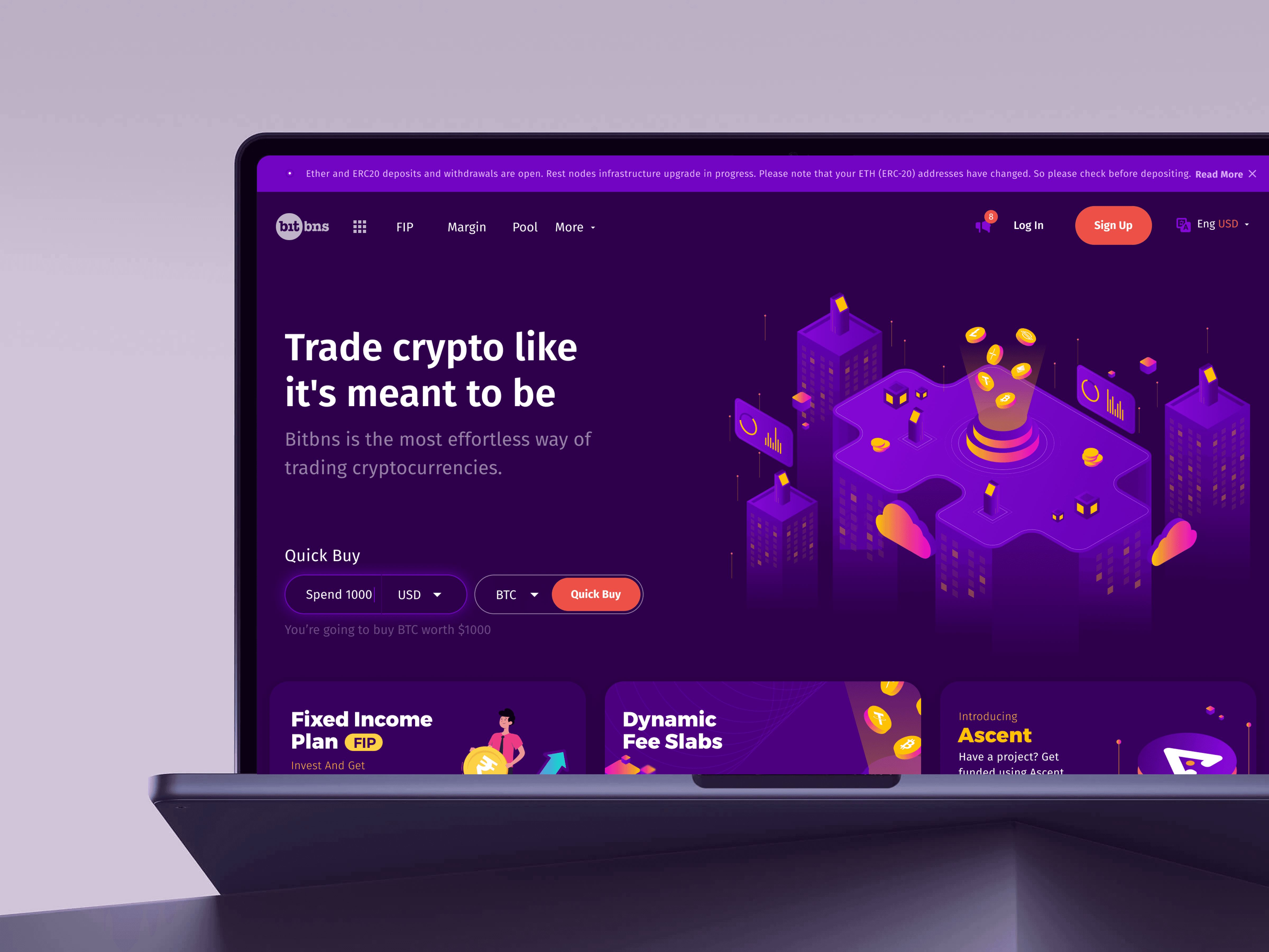 Bitbns homepage cover in a laptop