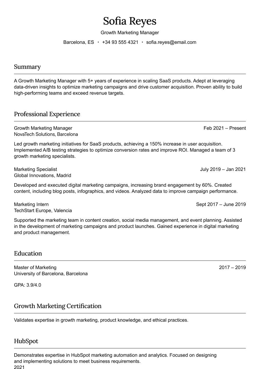 Growth marketing manager resume example