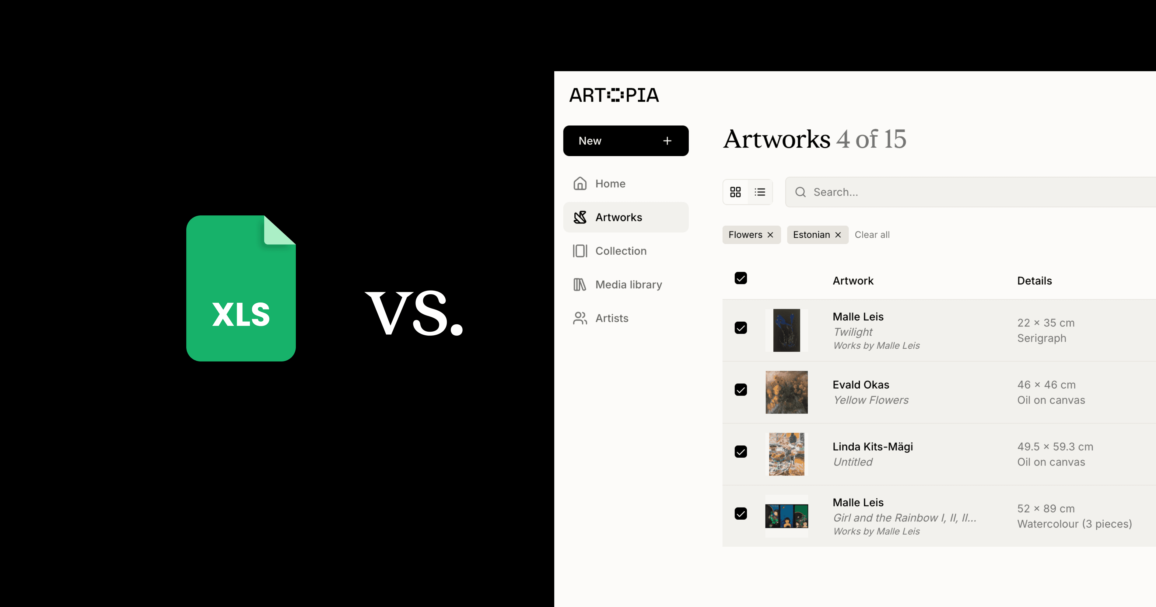 Spreadsheet icon that is compared with dedicated software for art inventory management