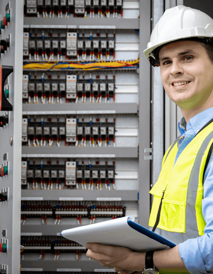 Operario trabajando en cuadro eléctrico con instalaciones eléctricas profesionales en Palma de Mallorca