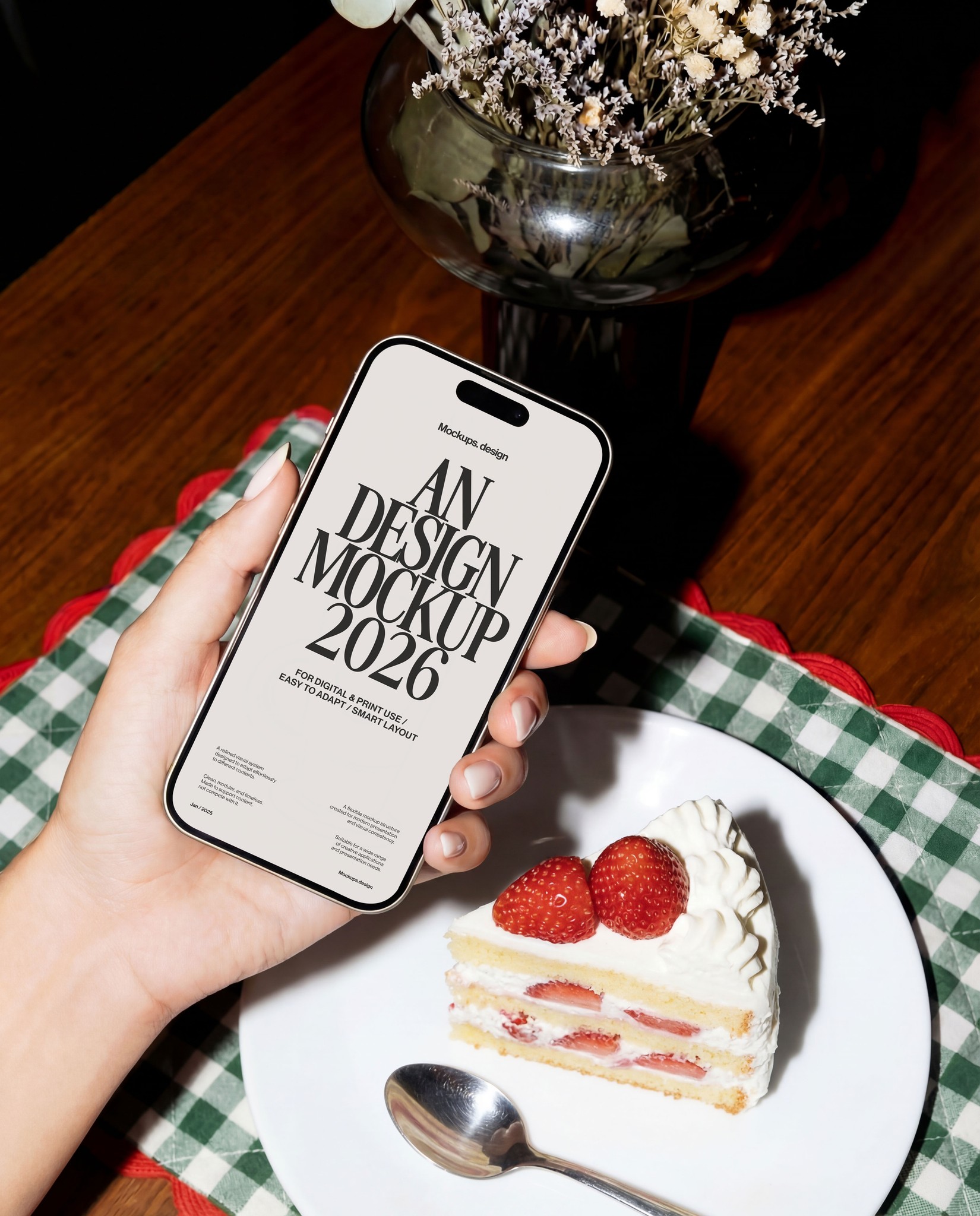 Hand holding iPhone mockup in restaurant setting