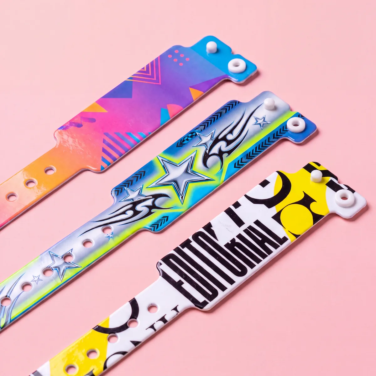 Custom vinyl wristbands with full-colour print and snap closure