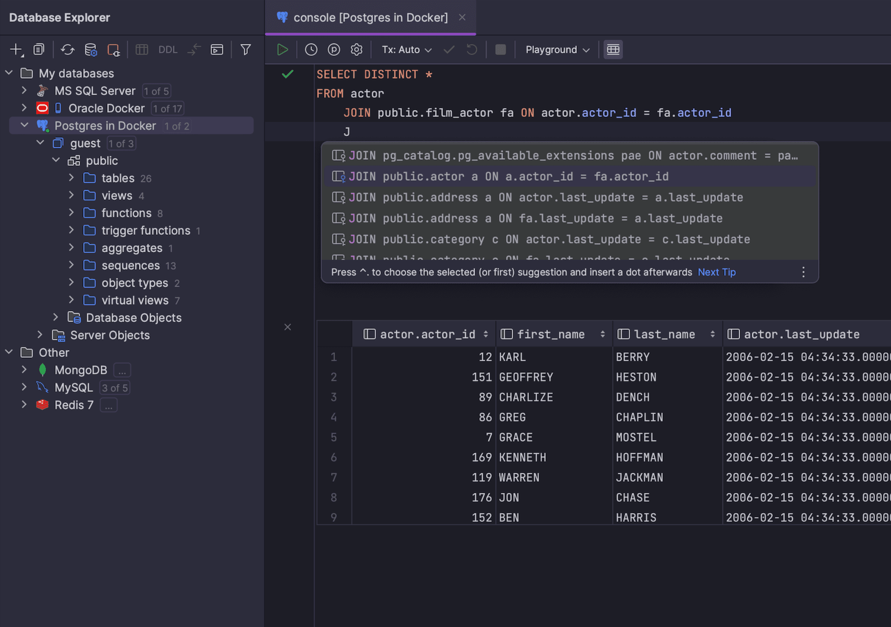 The DataGrip interface showing the result of a SQL query.