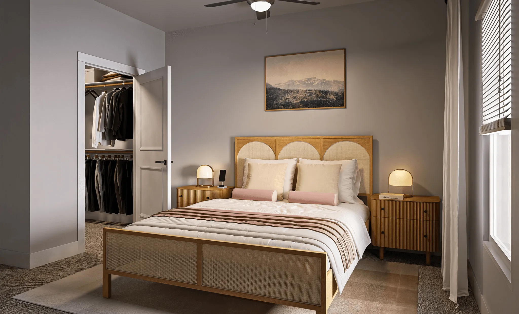 A cozy bedroom featuring a bed, dresser, and closet, creating a warm and inviting atmosphere.