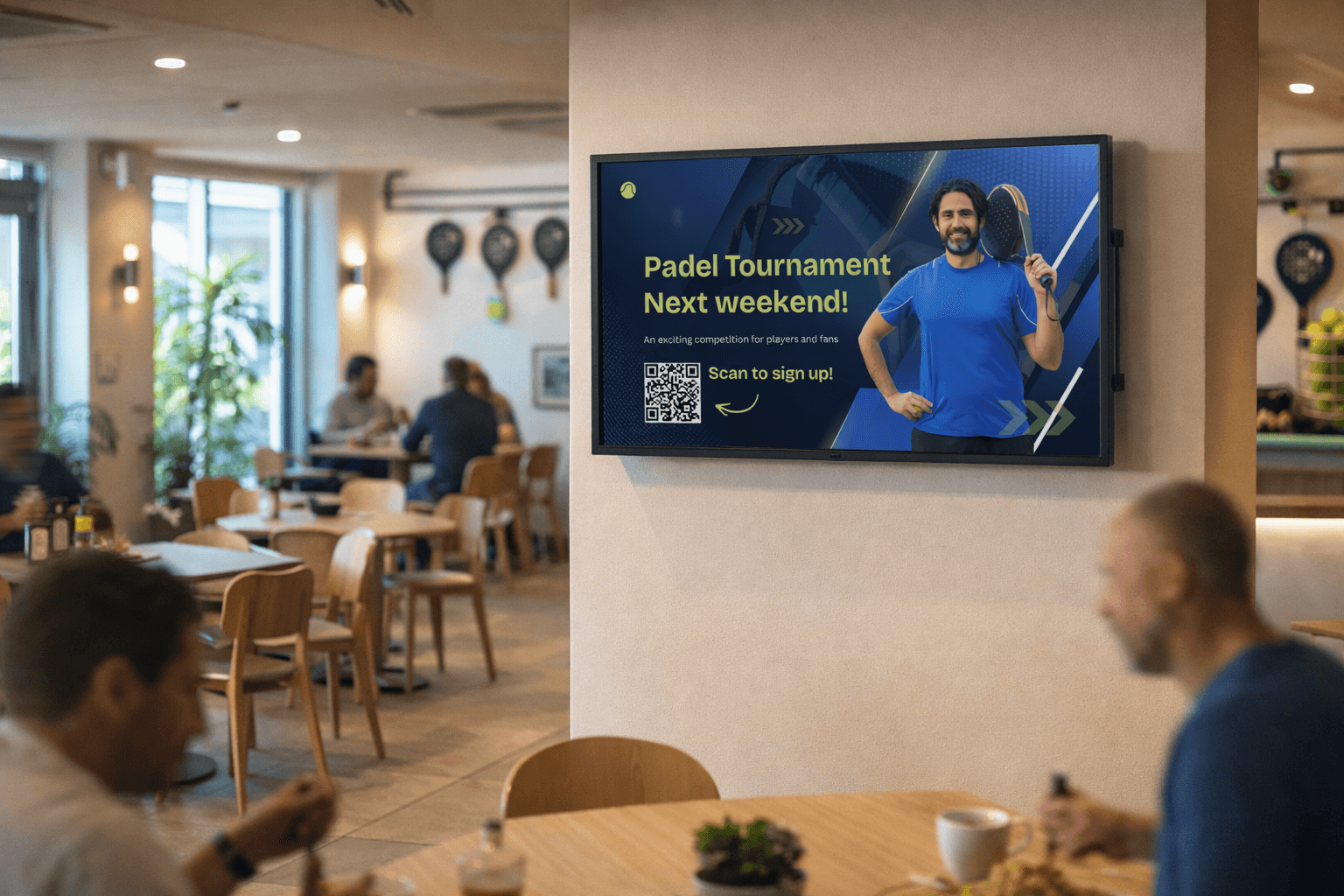 Digital signage screen in a padel sports club café promoting an upcoming padel tournament, featuring a player image, QR code for sign-up, and event details displayed to members in a social lounge area.