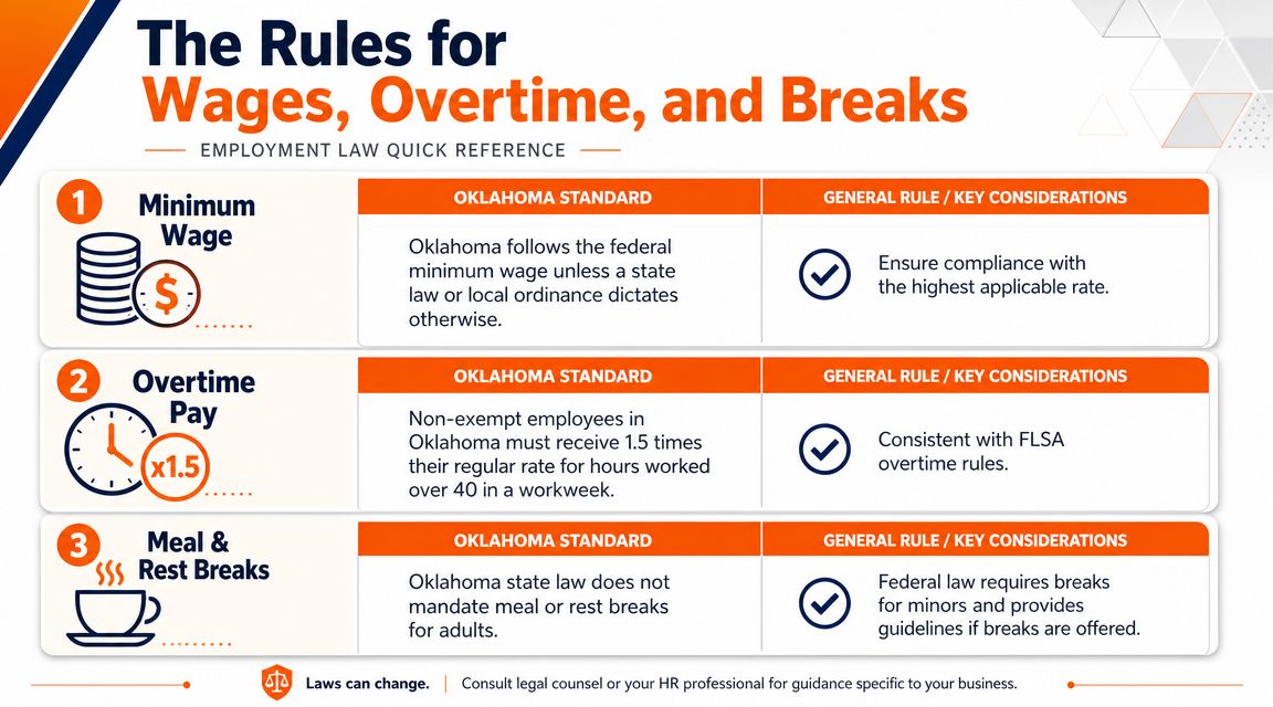 An informative infographic outlining the labor laws for wages, overtime, and breaks in Oklahoma state.