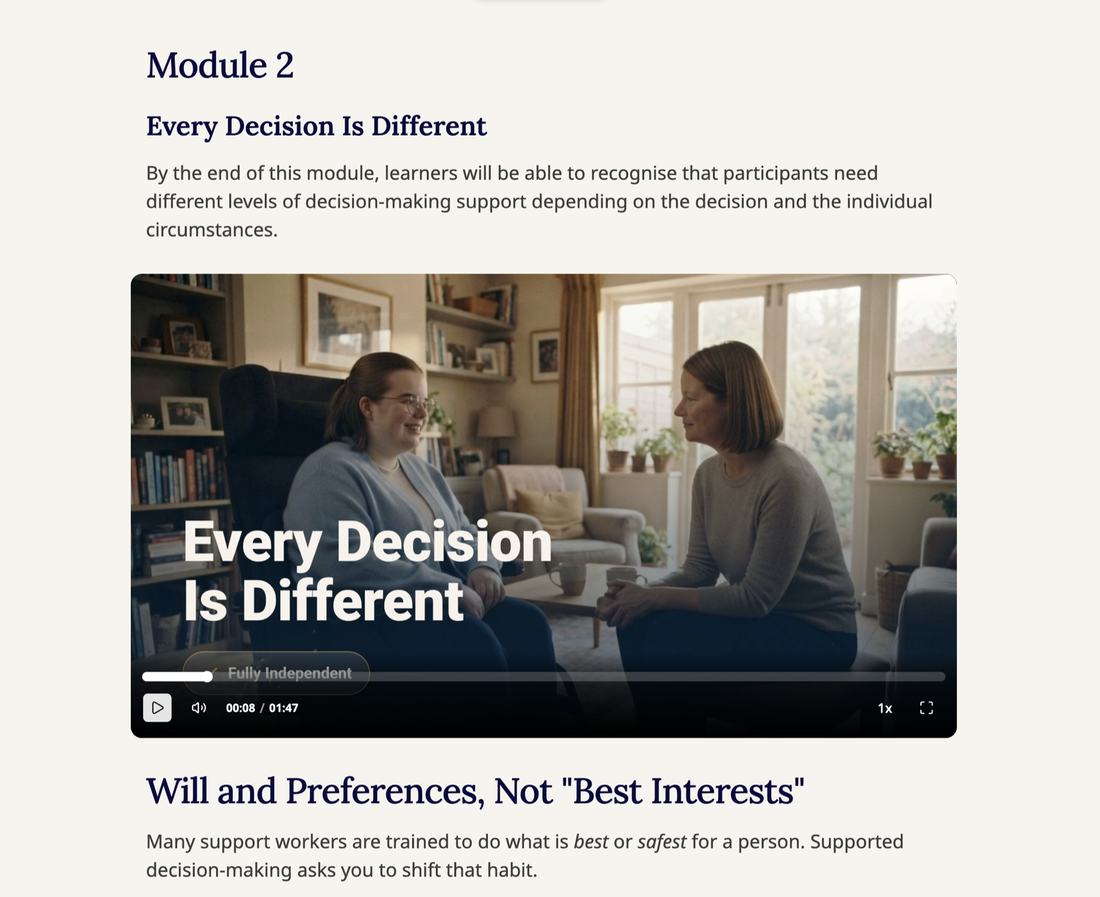 Inside a Wyzed NDIS module: the learning objective, a short video, then the next section