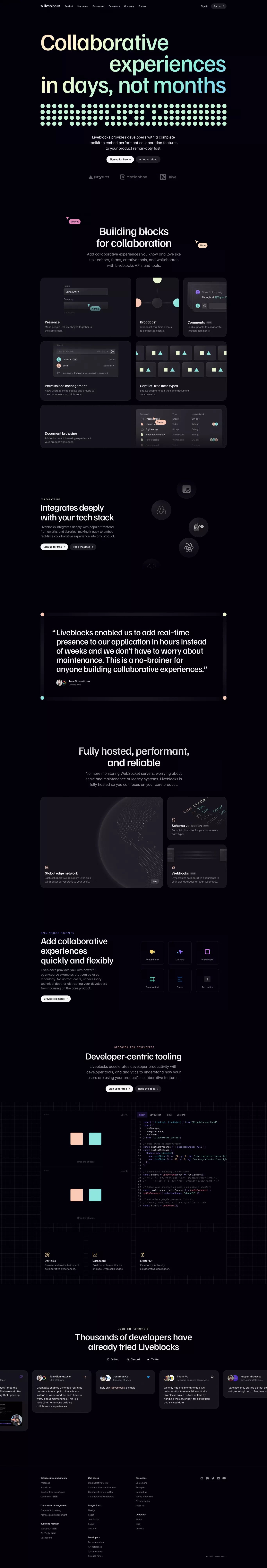 Liveblocks landing page screenshot showcasing Tech design