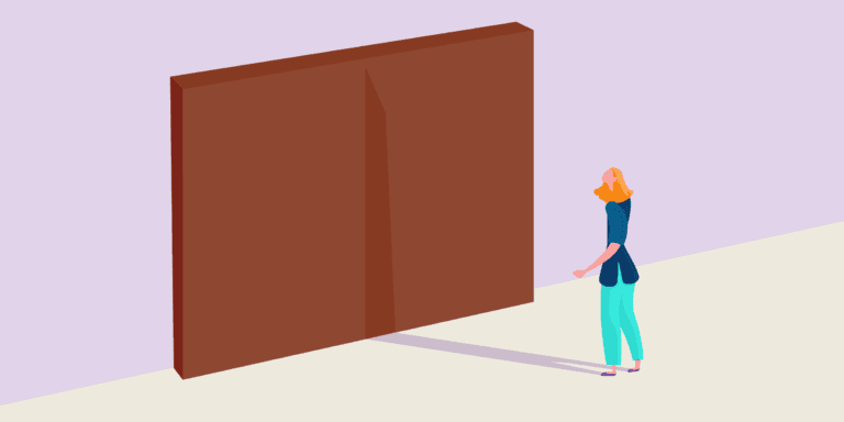 Illustration of a person facing a large wall, symbolizing a barrier or challenge.