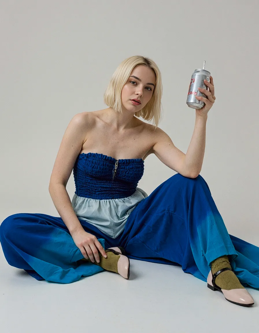 Minimalist fashion photography featuring a blue ombré outfit against neutral backdrop, showcasing modern catalogue styling techniques