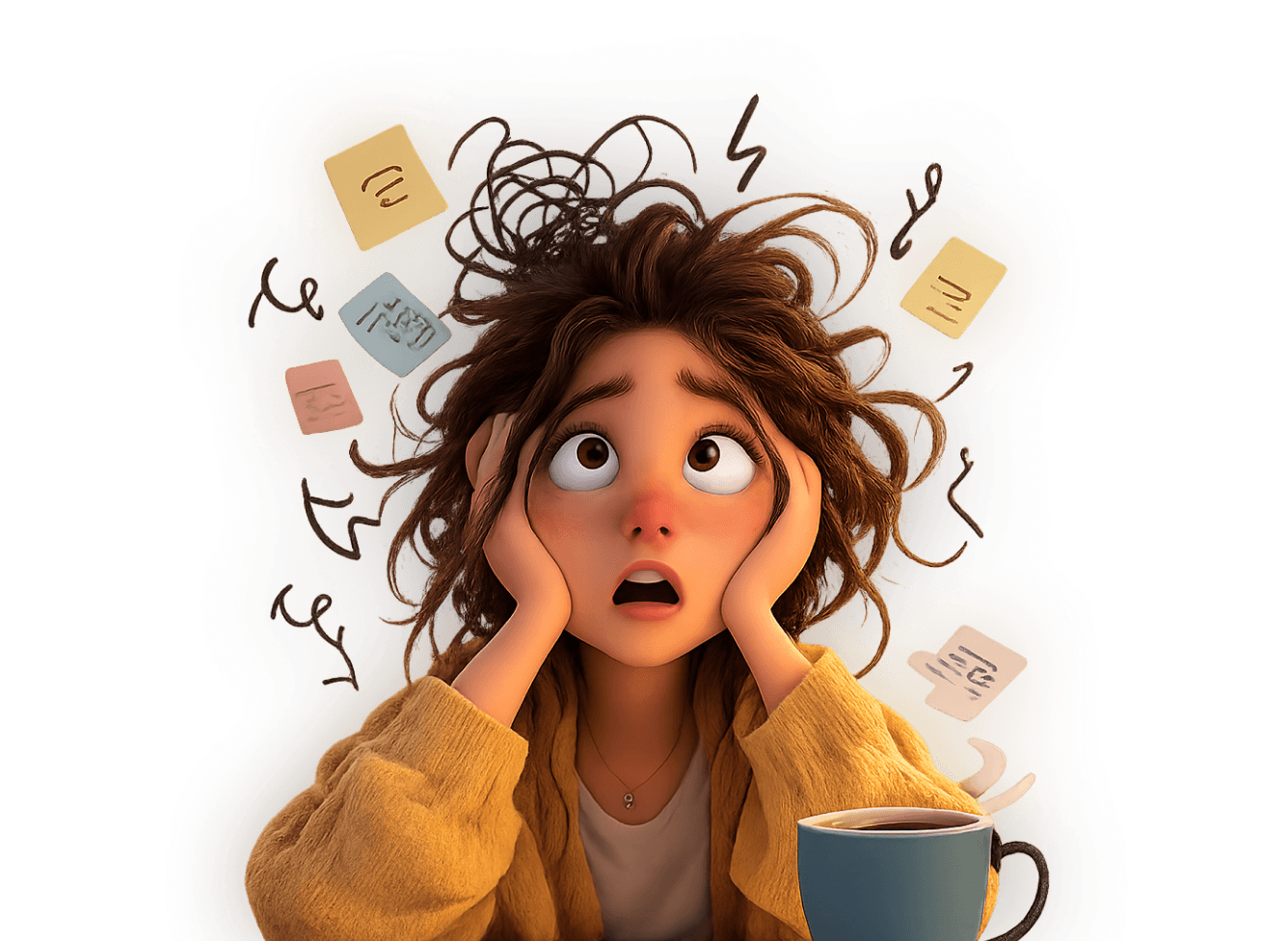 Illustration of a stressed young woman with messy hair holding her head in her hands, surrounded by floating sticky notes and scribbles, with a coffee cup nearby, conveying overwhelm or mental overload.