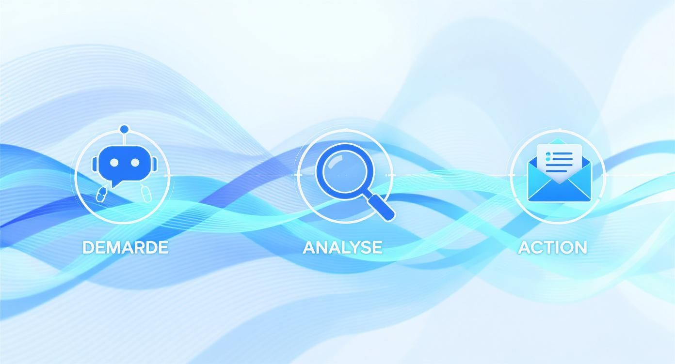 Diagramme illustrant un processus en trois étapes : demande (bot), analyse (loupe) et action (courrier).