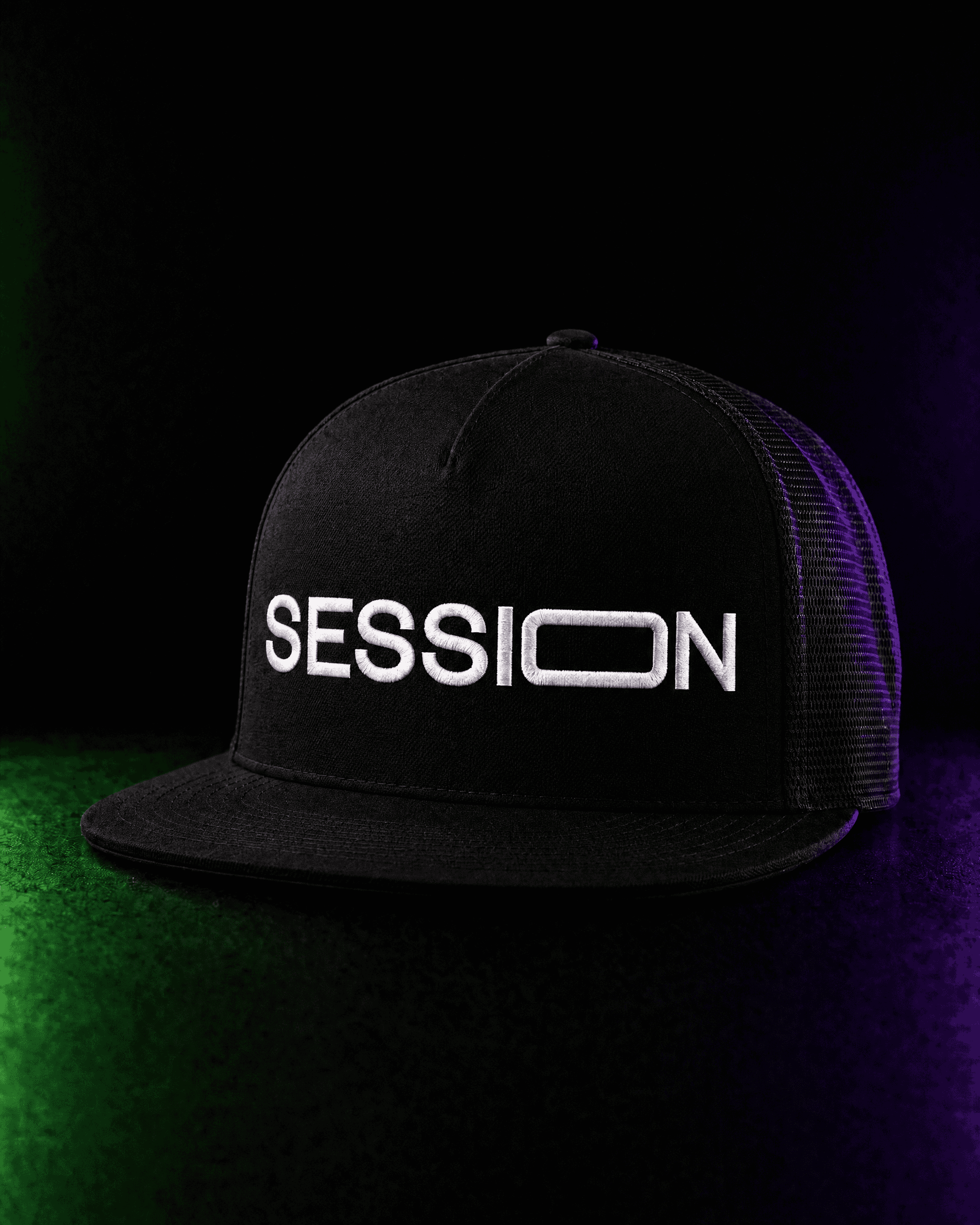 Front of a black Session Zone flat-bill snapback hat with white SESSION lettering.