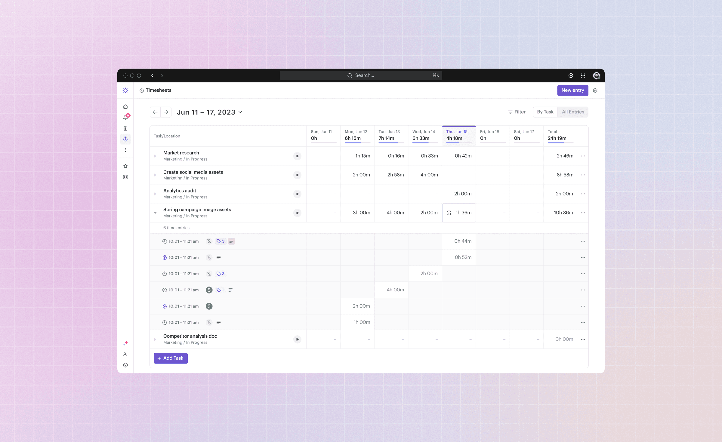 From the page, users can add and edit time entries, track entry-specific details like billable status and tags, monitor their progress and capacity, and submit weekly for approval. Interactions and components were optimized for ease and consistency across the platform.